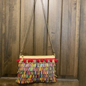 NWOT Betsy Johnson rainbow raffia/straw fringe chain shoulder bag